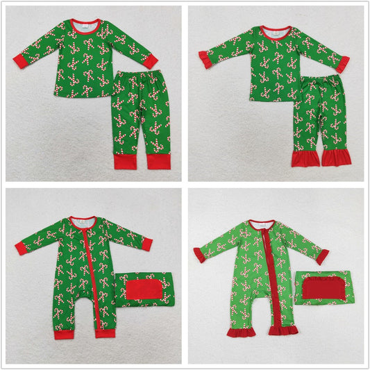 Sibling Boys Girls Christmas Candy Cane Zipper Romper Pajamas Green Set Clothes RTS
