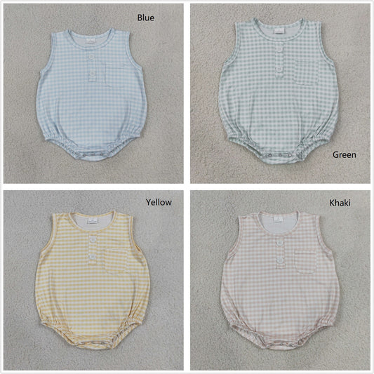 Sibling Baby Boy Infant Sleeveless Plaid Pockets Summer Bubble Rompers Clothes RTS