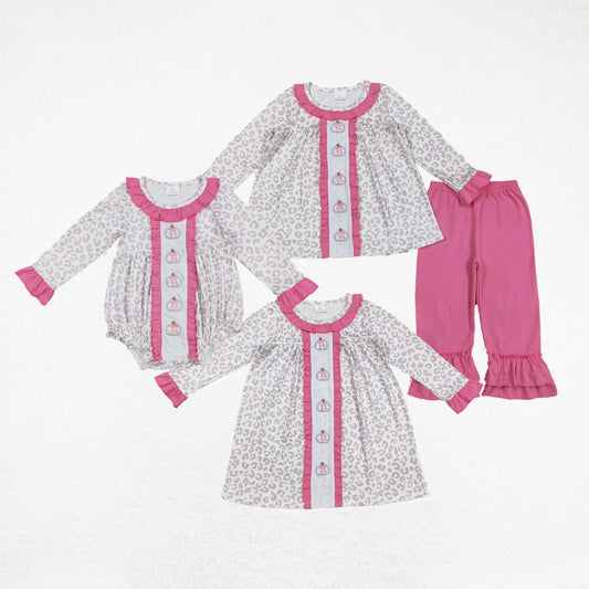 Baby Girl Long Sleeves Leopard Embroidery Pumpkins Bows Sibling Romper Dress Set RTS