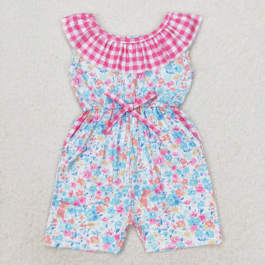 Baby Girl Floral Pink Plaid Pocket Shorts Jumpsuit