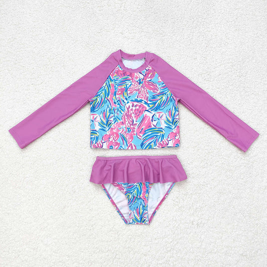 Baby Girl Long Sleeve Flower Tops Bummie Two Pieces Swimsuit