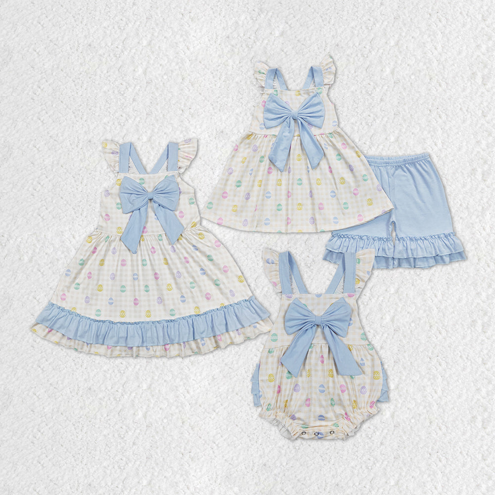 Baby Girl Blue Bows Easter Eggs Sibling Romper Dress Clothes Set