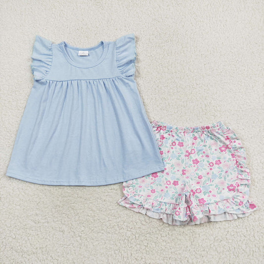 Baby Girl Blue Cotton Tops Ruffle Floral Shorts Set