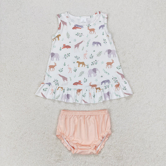 Baby Girl Sleeveless Animals Tops Pink Bummie Shorts Set
