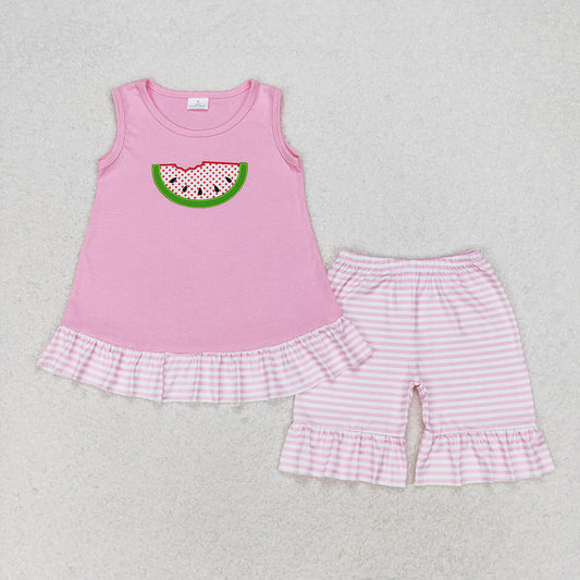 Baby Girl Embroidery Watermelon Pink Tops Stripes Shorts Set