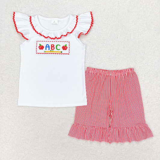 Baby Girl Short Sleeves Embroidery Tops Stripes Shorts Back To School Set Clothes