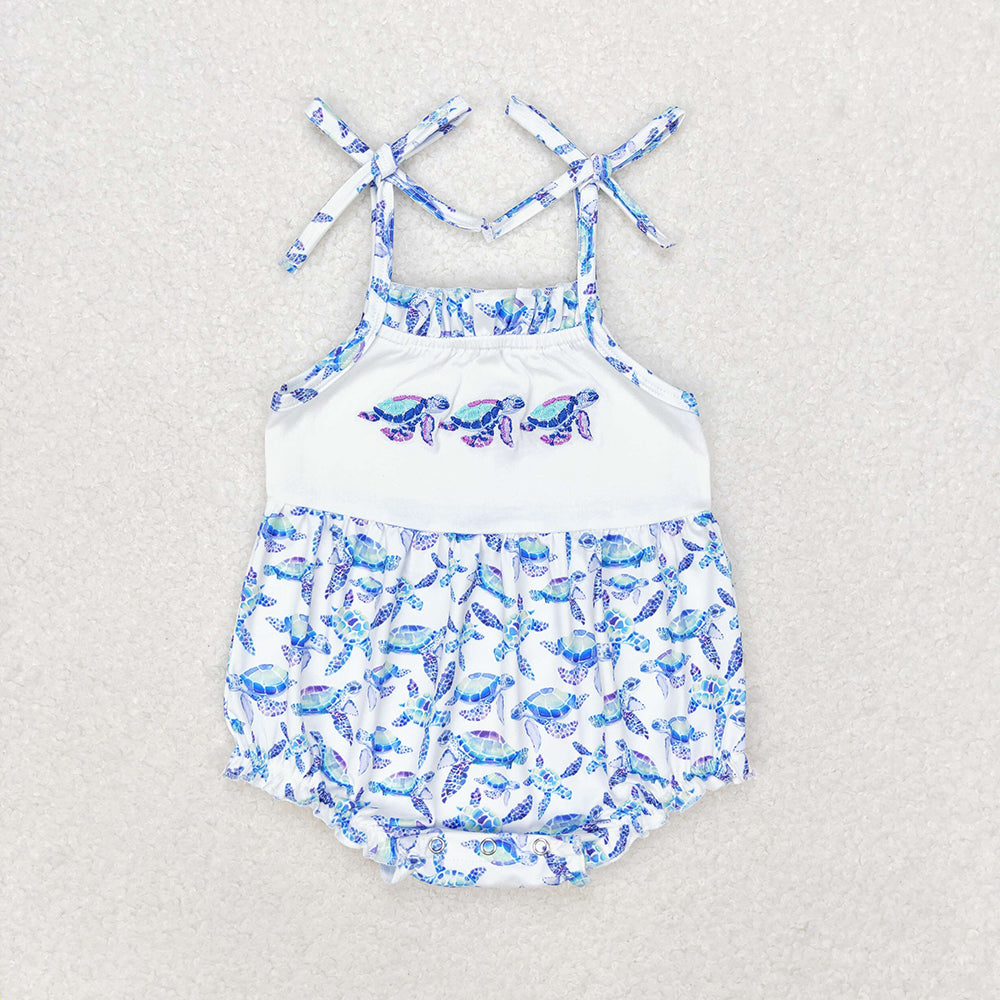 Baby Boy Girl Sibling Turtles Blue Summer Romper Dress Set
