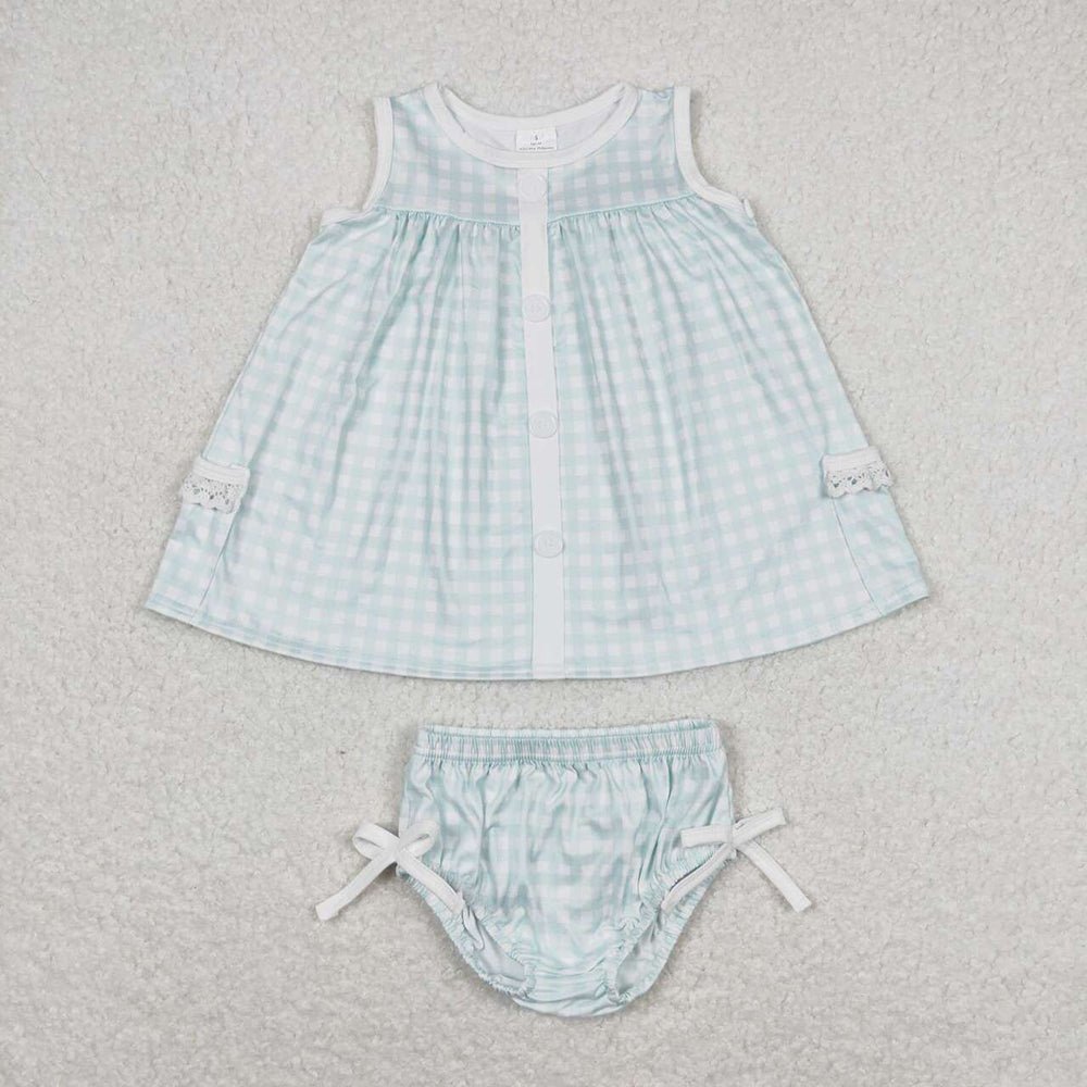 Baby Girl Sleeveless Sibling Sister Checkered Pocket Tops Bummies Sets