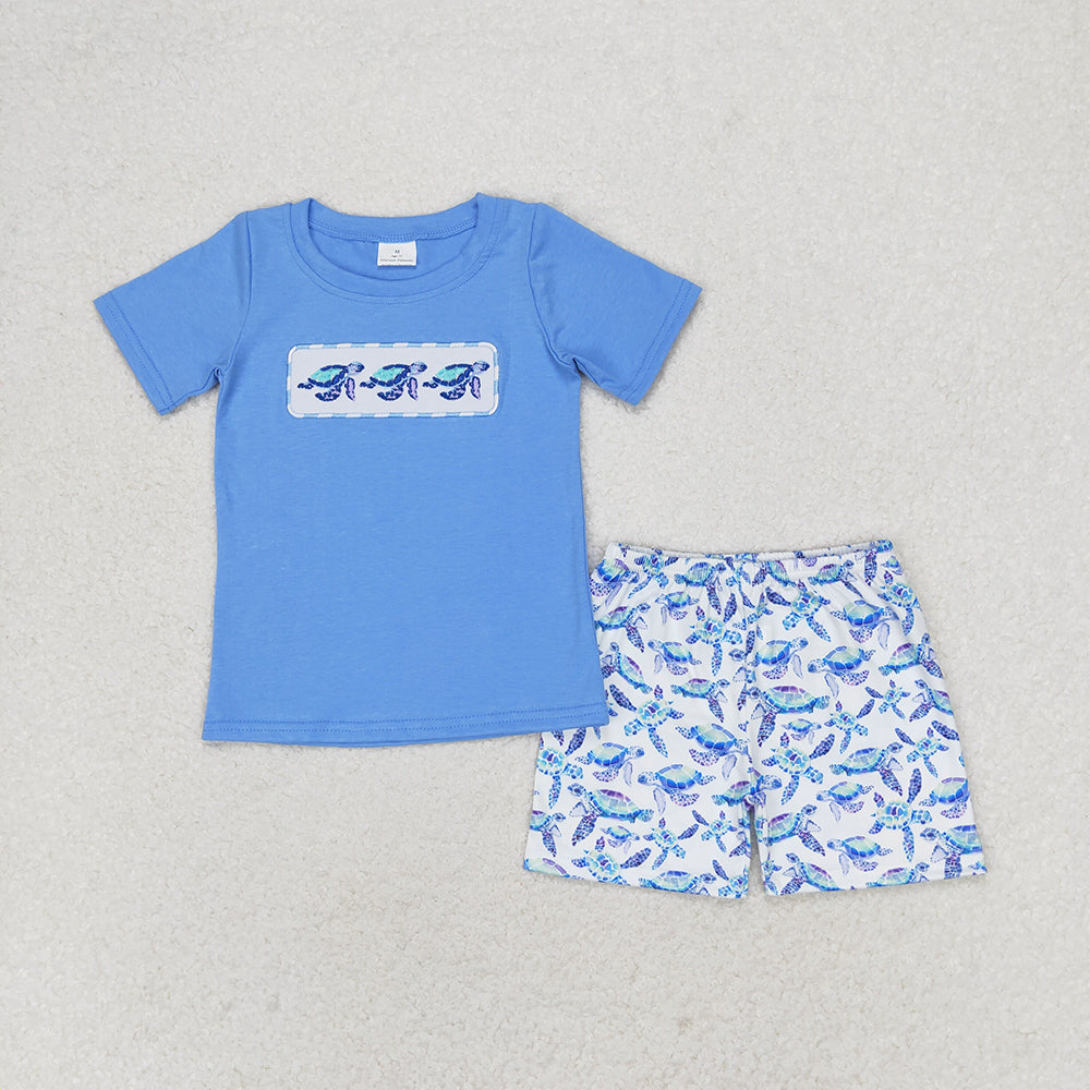 Baby Girl Embroidery Turtles Tops Blue Cotton Shorts Set