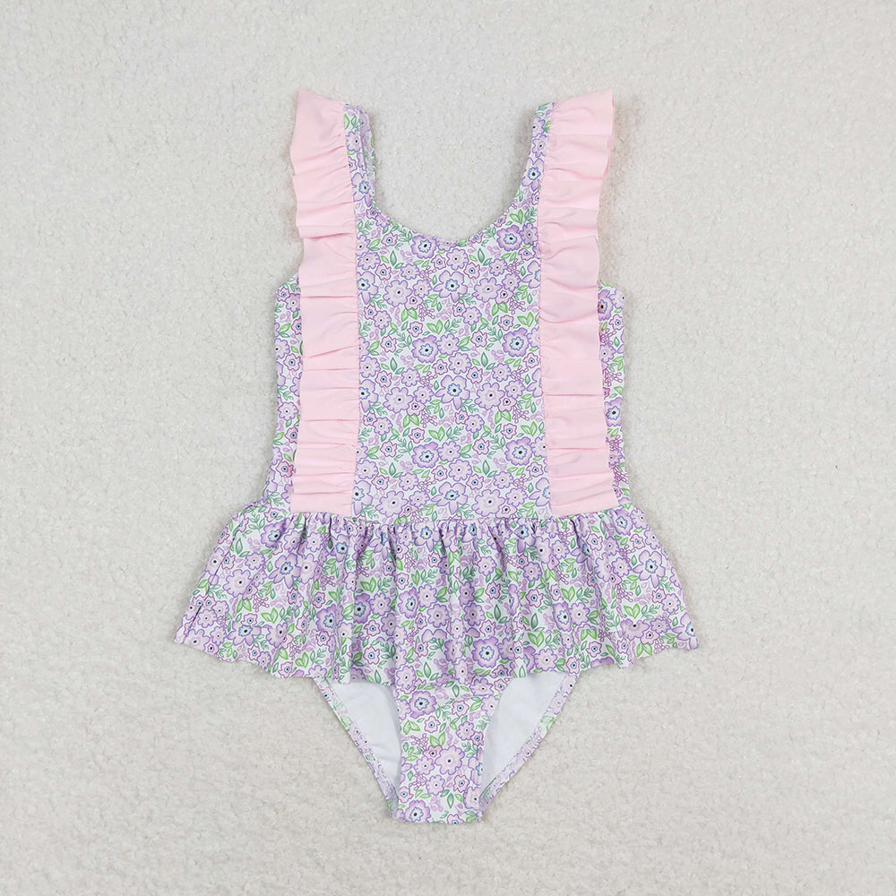 Baby Girl Summer Purple Flower Sibling Sister Ruffle Swimsuit