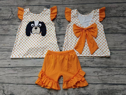 Baby Girl Short Sleeves Dog Bow Tops Orange Shorts Team Set