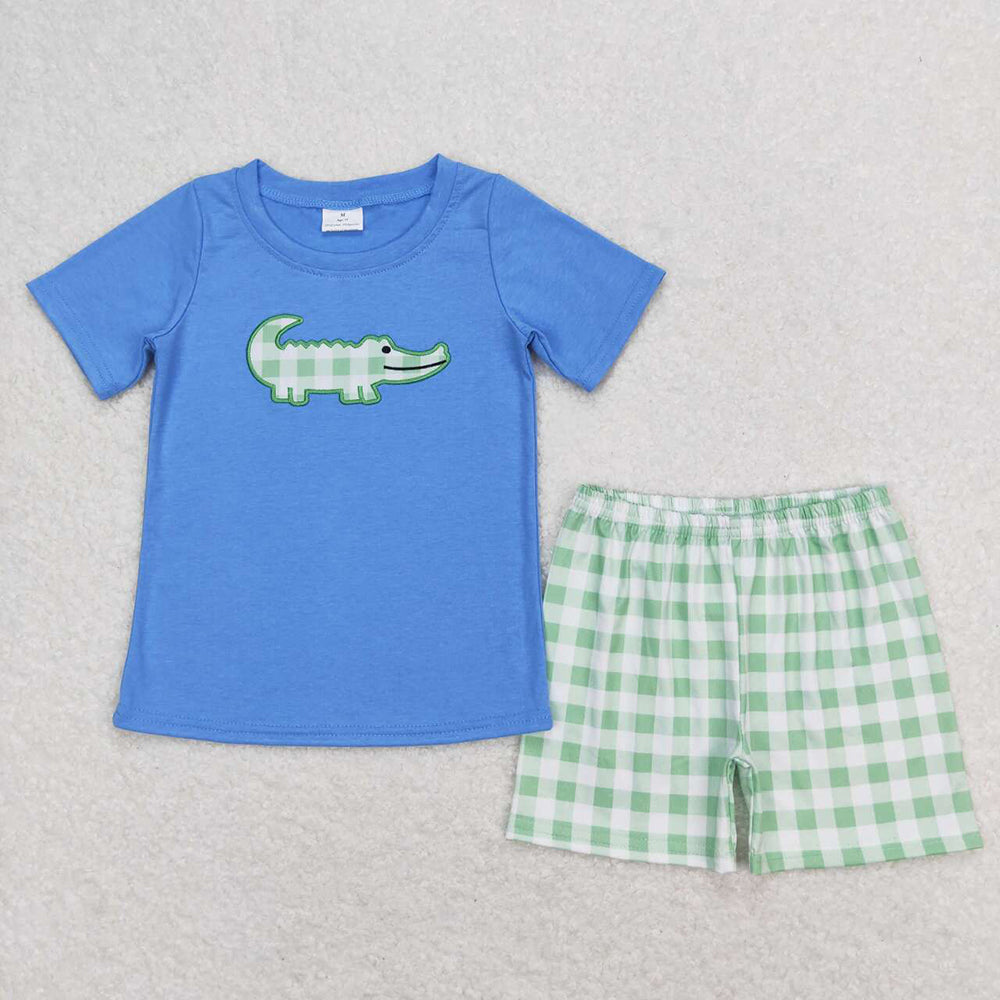 Baby Boy Girl Short Sleeves Embroidery Crocodile Shirt Green Checkered Sibling Shorts Clothes Sets