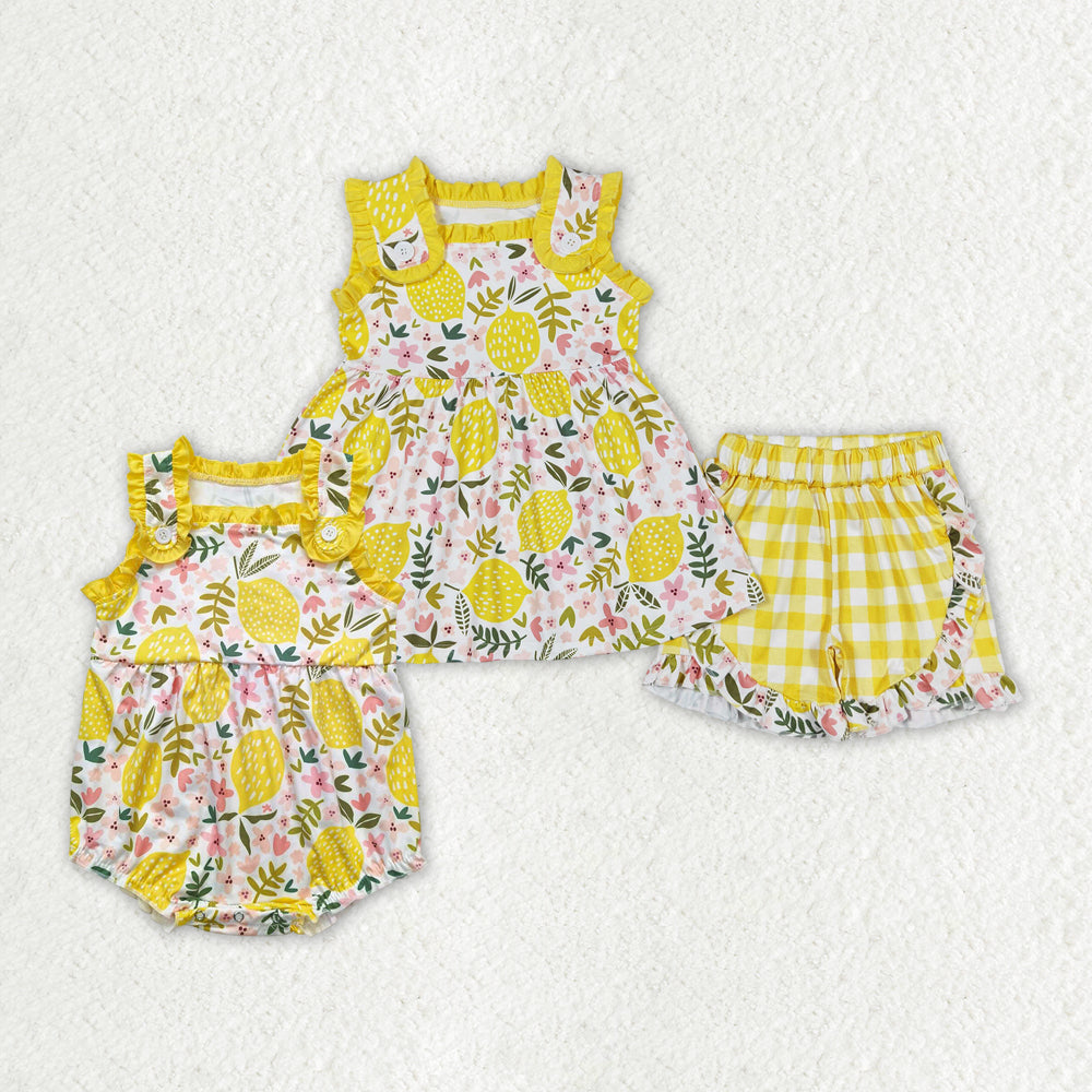 Baby Girl Sleeveless Lemon Flowers Sibling Sister Romper Set