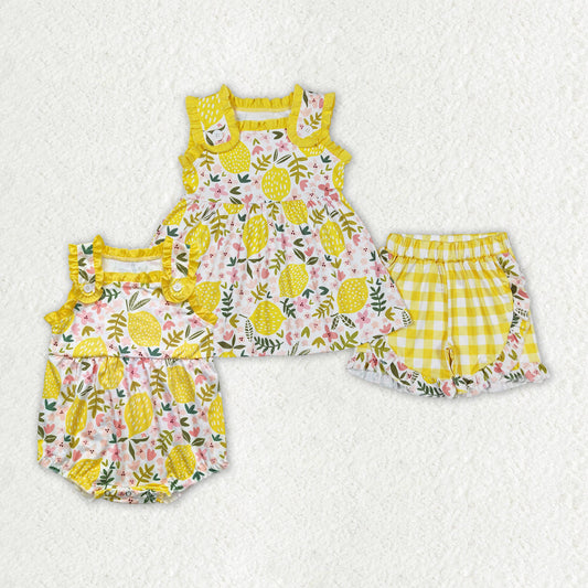 Baby Girl Sleeveless Lemon Flowers Sibling Sister Romper Set