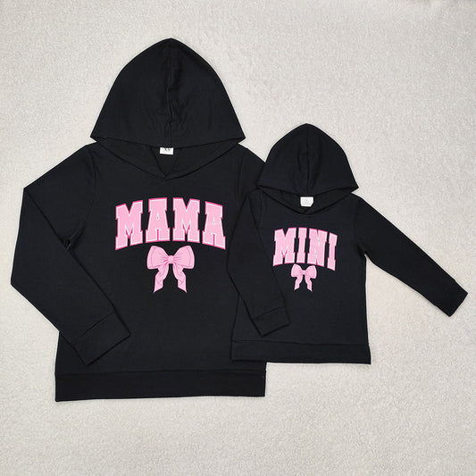 Baby Girl Adult Women Long Sleeves Mini Mama Bow Sibling Mommy and Me Black Hooded Shirt
