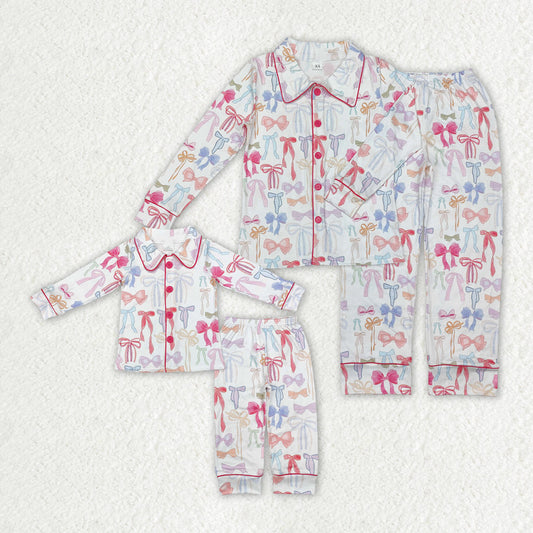 Mommy And Me Baby Girl Long Sleeves Colorful Bows Buttons Shirt Pants Pajamas Clothes Set