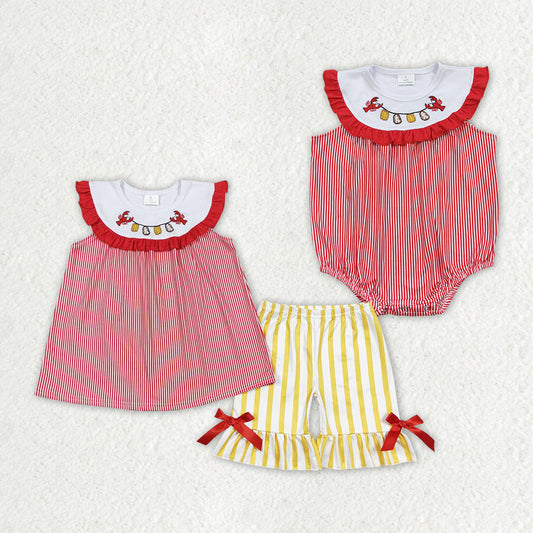 Baby Girl Embroidery Crawfish Sibling Summer Romper Set