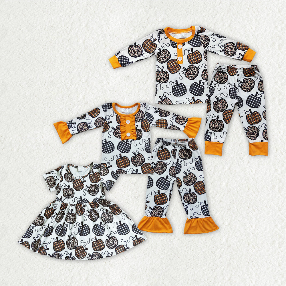 Baby Boy Girl Fall Checked Pumpkins Sibling Dresses Pajamas Set