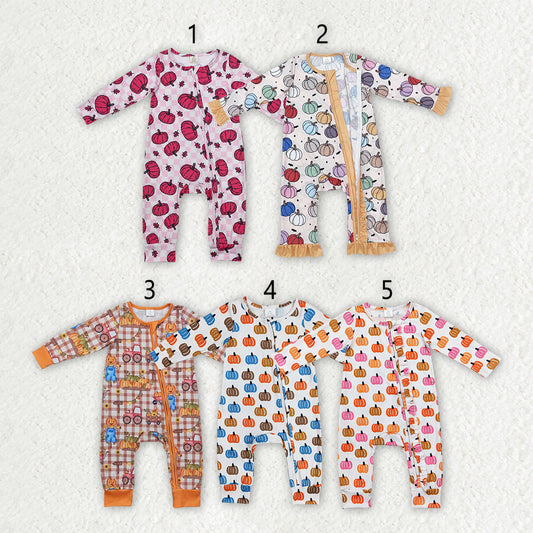 Baby Boy Girl Infant Long Sleeves Pumpkins Zipper Fall Romper Sibling Clothes RTS