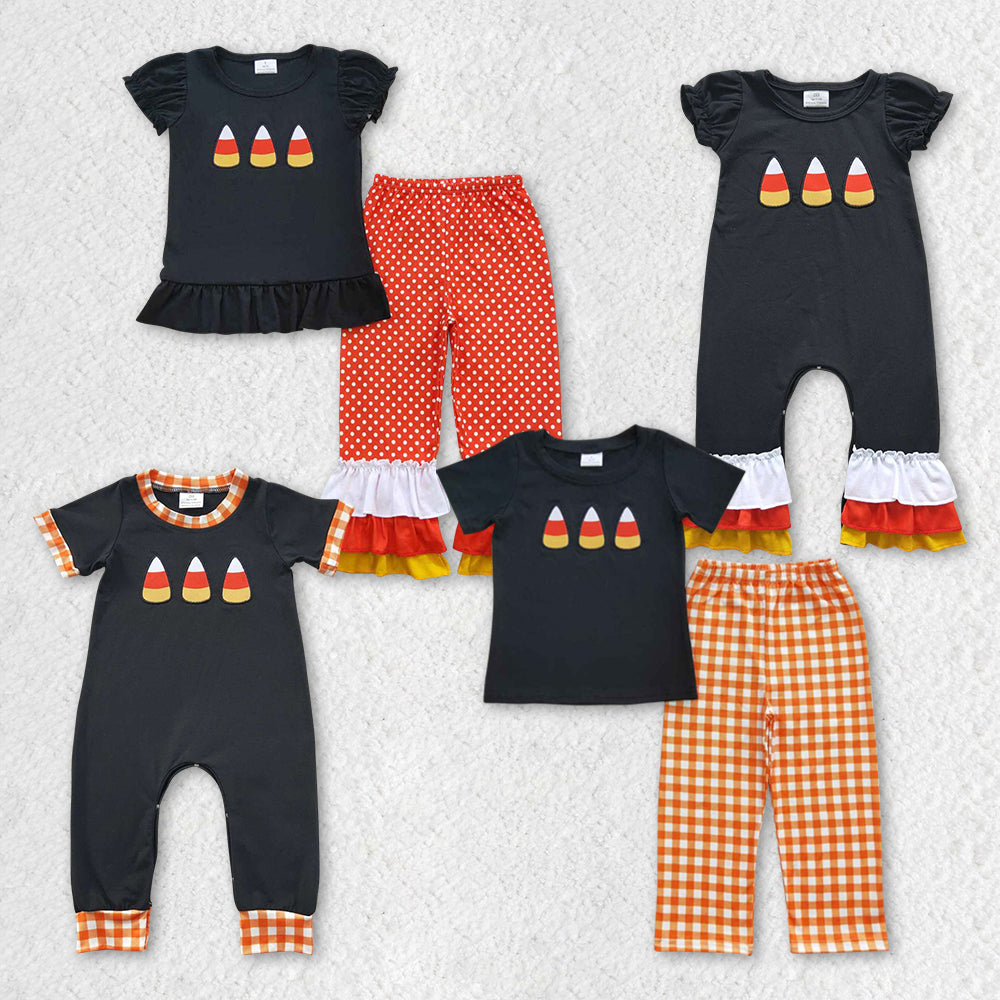 Baby Girl Short Sleeves Embroidery Halloween Candy Sibling Romper Pajamas Outfit RTS