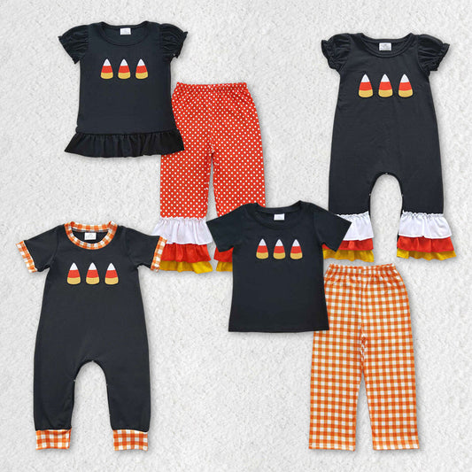 Baby Girl Short Sleeves Embroidery Halloween Candy Sibling Romper Pajamas Outfit RTS