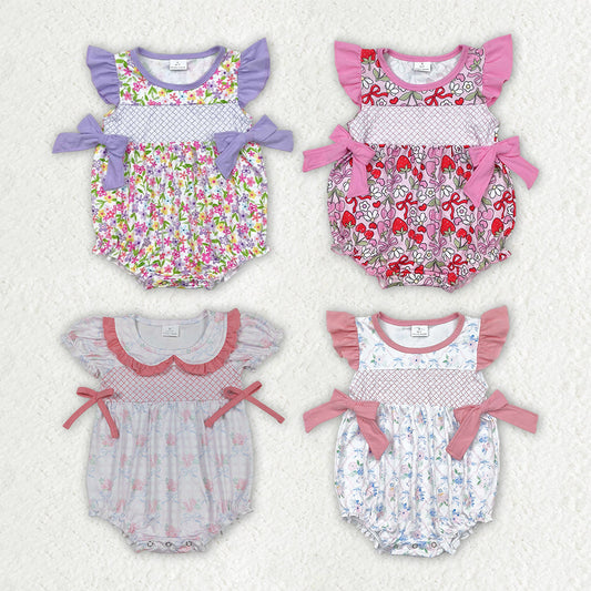 Baby Girl Infant Short Sleeves Embroidery Plaid Bows Flower Sibling Romper RTS