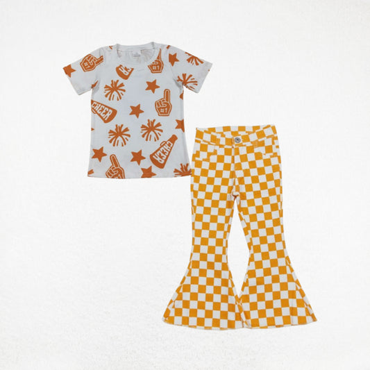 Baby Girl Short Sleeves Cheer Summer Shirt Yellow Checked Denim Jeans Pants Set RTS