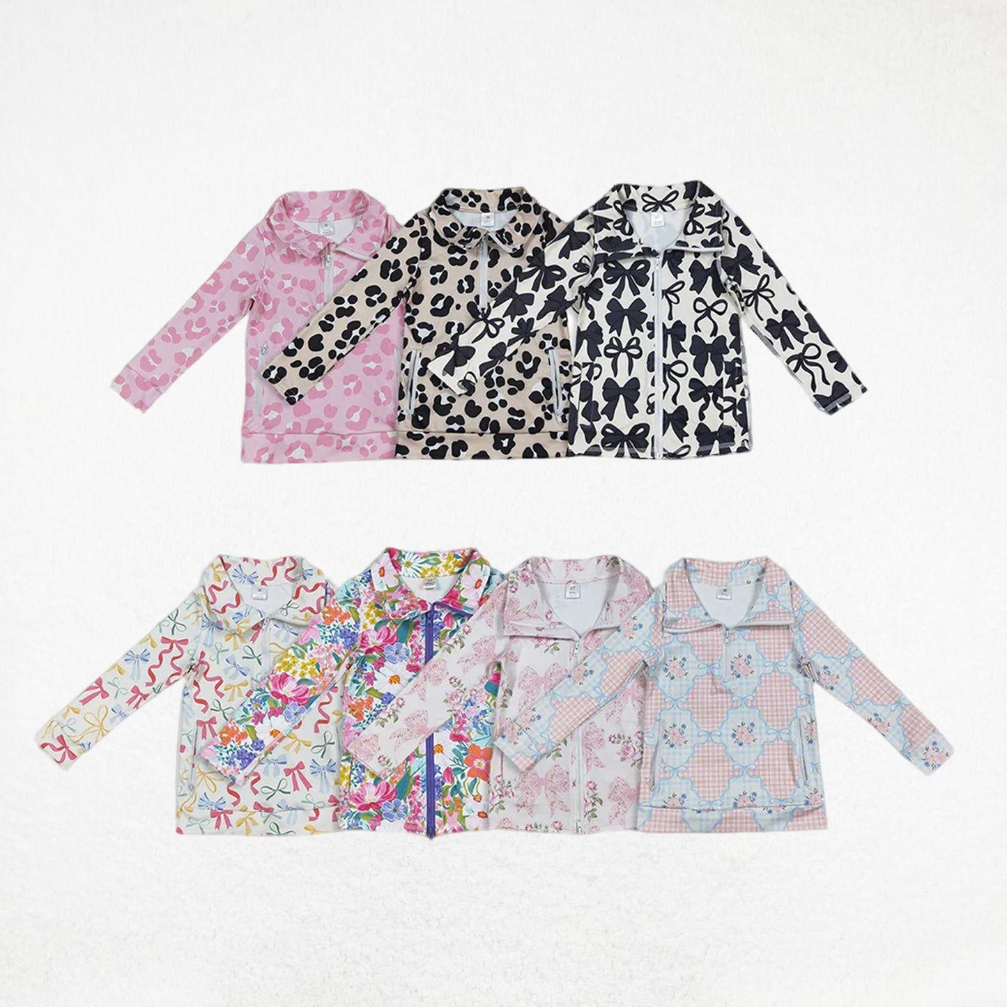 Baby Girl Long Sleeves Leopard Flower Bows Pockets Sibling Yoga Active Zipper Pullover Tops RTS