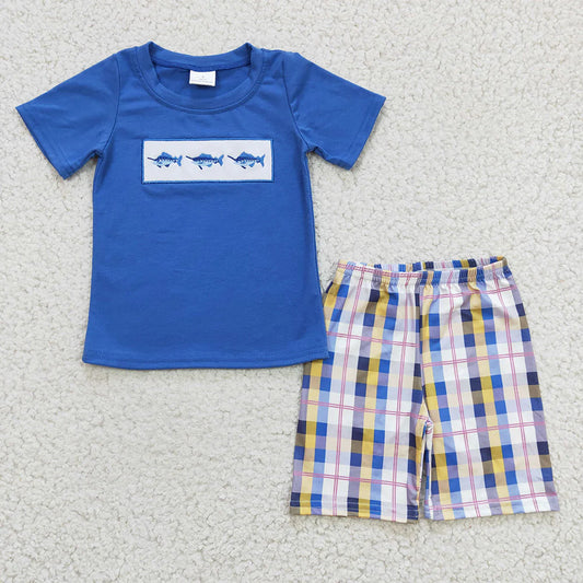 Promotion Baby Boy Short Sleeves Embroidery Fish Cotton Shirt Plaid Shorts Summer Outfit ETS