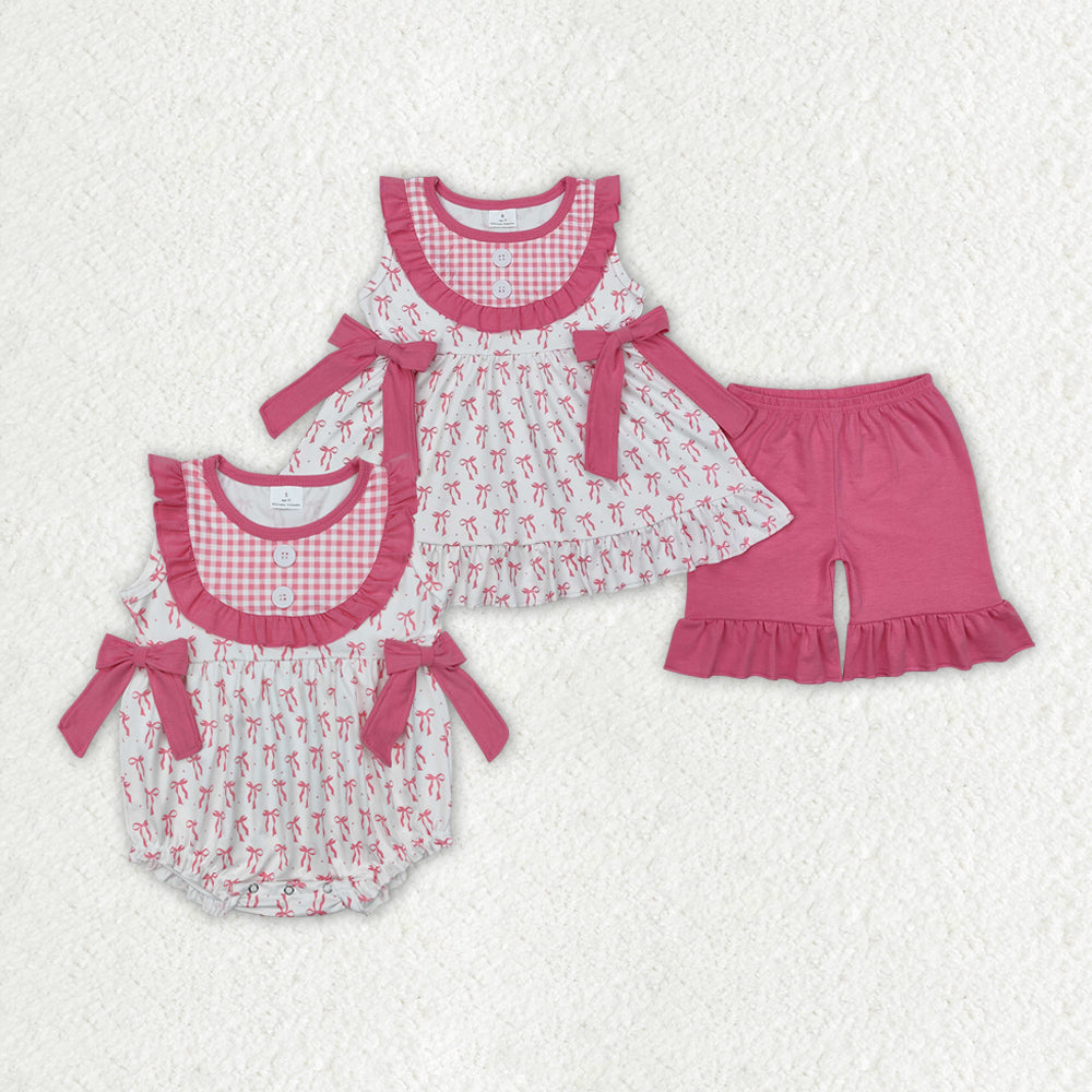 Baby Girl Sleeveless Pink Bows Sibling Romper Clothes Set