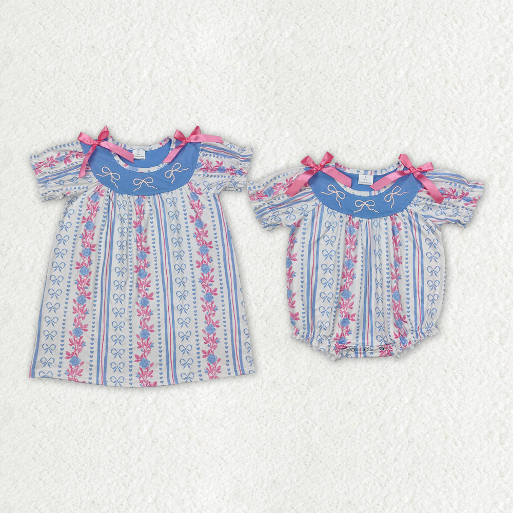 Baby Girl Short Sleeves Embroidery Bows Flower Sibling Sister Romper Dress Clothes