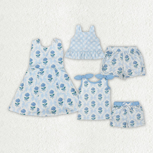 Baby Girl Blue Flower Bows Sibling Set Yoga Skort Dress RTS
