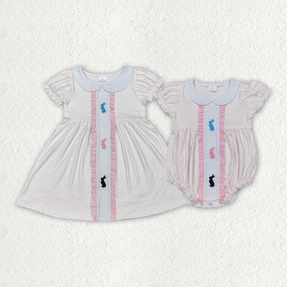 Baby Girl Short Sleeves Embroidery Easter Rabbits Sibling Romper Dress RTS