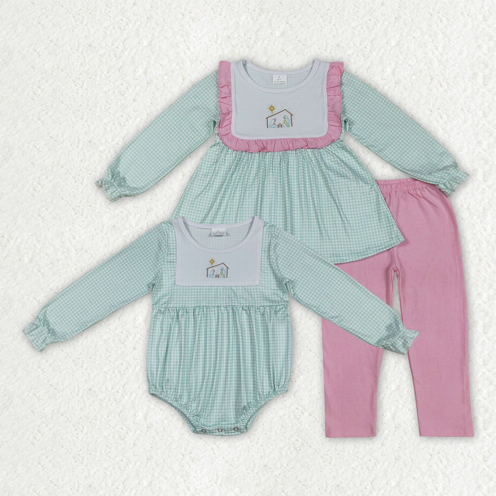 Baby Girl Long Sleeves Green Plaid Embroidery Jesus Sibling Romper Set RTS