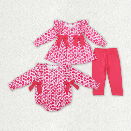 Baby Girl Long Sleeves Pink Hearts Bows Sibling Romper Valentines Clothes Set