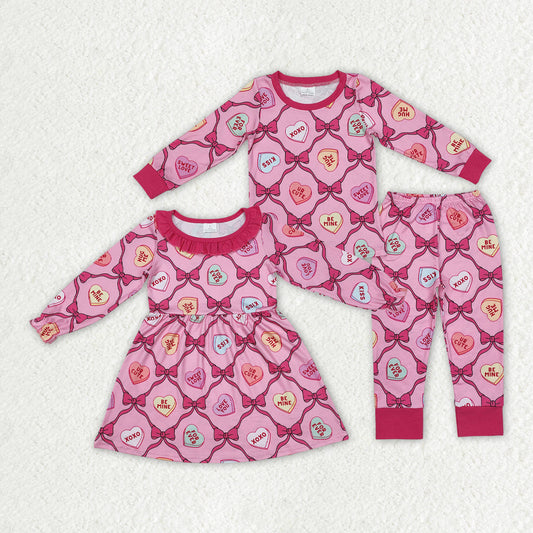 Baby Girl Long Sleeves Valentines Hearts Bows Sibling Dress Pajamas Set