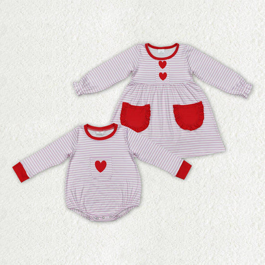 Baby Girl Long Sleeves Stripes Valentines Hearts Pockets Sibling Romper Dress