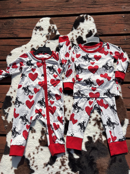 Baby Boy Long Sleeves Valentines Rodeo Hearts Sibling Romper Pajamas Set