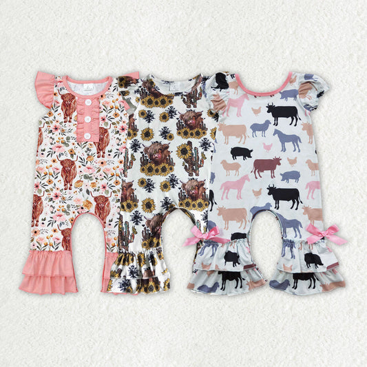 Baby Girl Short Sleeves Western Cow Flower Sibling Romper