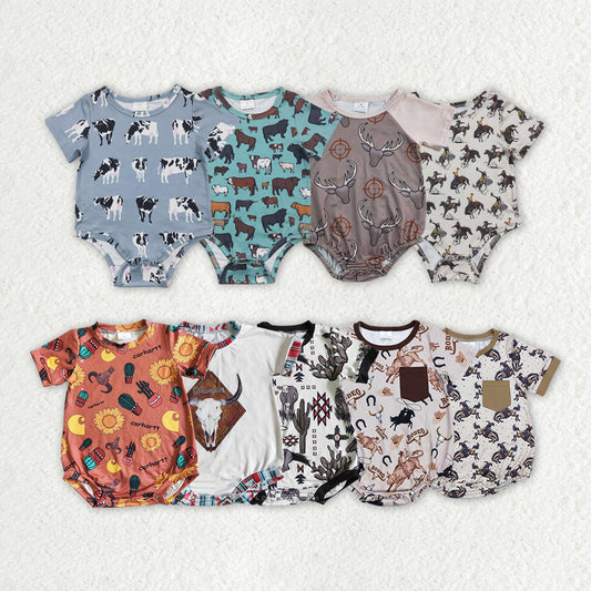 Baby Boy Short Sleeves Western Cows Sibling Summer Bubble Romper