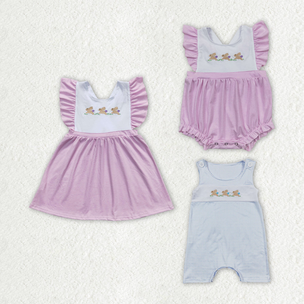 Baby Boy Girl Kids Short Sleeves Embroidery Easter Rabbits Sibling Romper Dresse Clothes Set