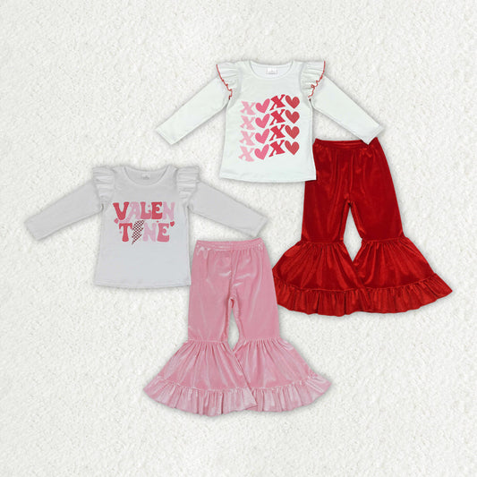 Baby Girl Long Sleeves Valentines Shirt Velvet Bell Pants Sibling Clothes Outfit