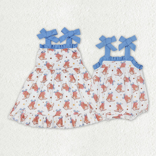 Baby Girl Straps Boots Blue Bows July 4th Sibling Romper Dress Clothes RTS