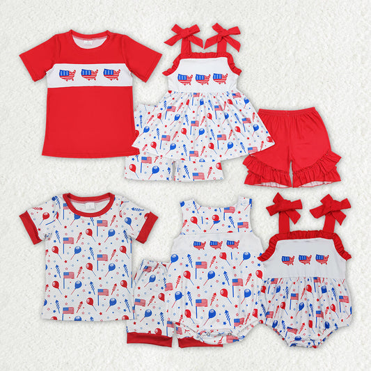 Baby Boy Girl July 4th Flags Balloons Sibling Romper Clothes Set RTS