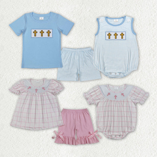 Baby Boy Girl Short Sleeves Embroidery Easter Cross Sibling Romper Outfit Clothes RTS