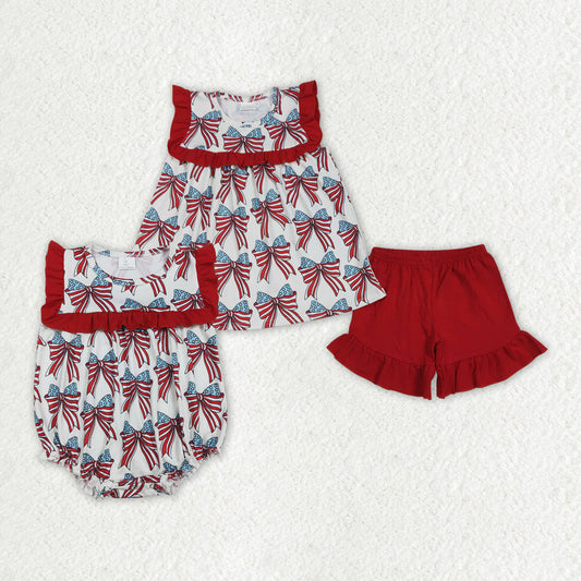 Baby Girl 4th Of July Stars Stripes Bows Sibling Romper Clothing Set RTS