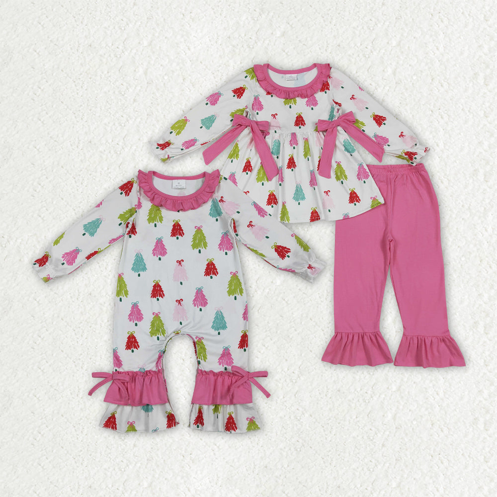 Baby Girl Long Sleeves Christmas Bows Tree Sibling Romper Set Clothes RTS