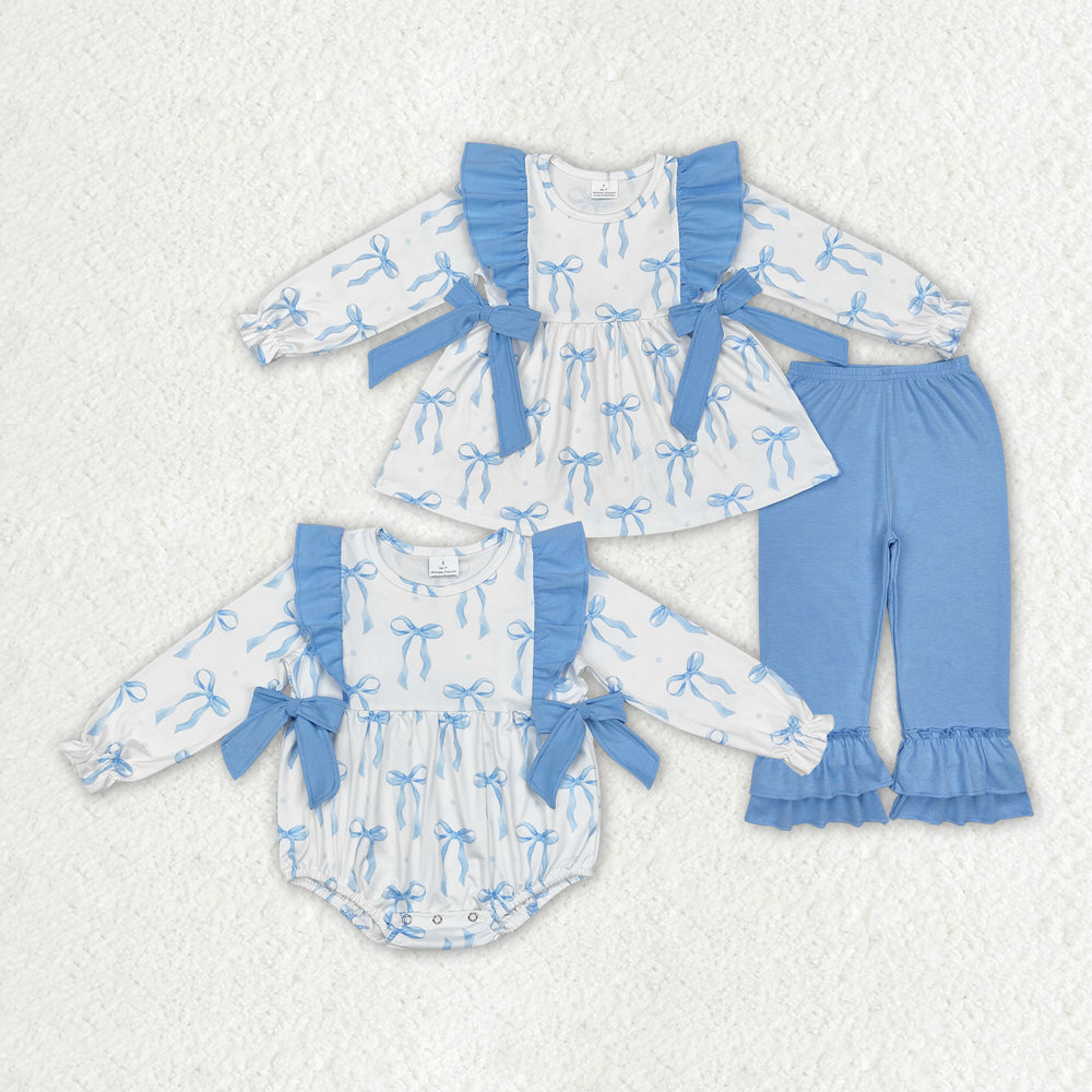 Baby Girl Long Sleeves Blue Bows Sibling Romper Clothes Set