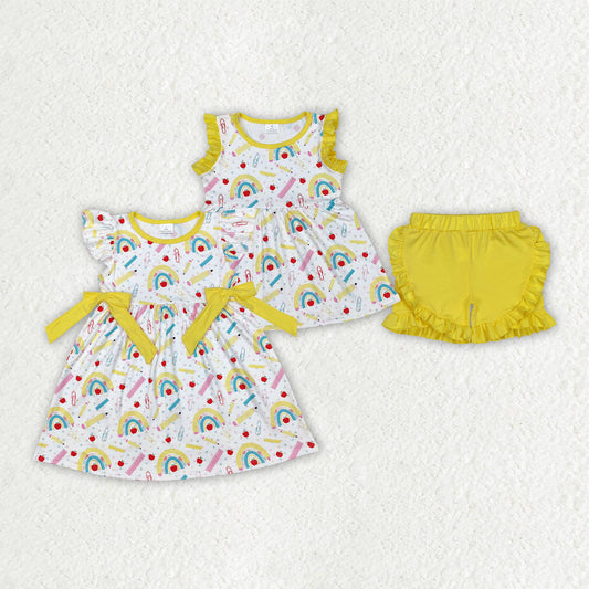Baby Girl Toddler Back To School Rainbow Pencils Sibling Yellow Dress Outfit Clothes RTS