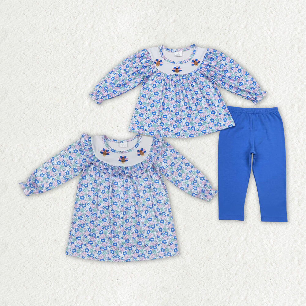 Baby Girl Thanksgiving Embroidery turkey Floral Sibling Dress Clothes Set